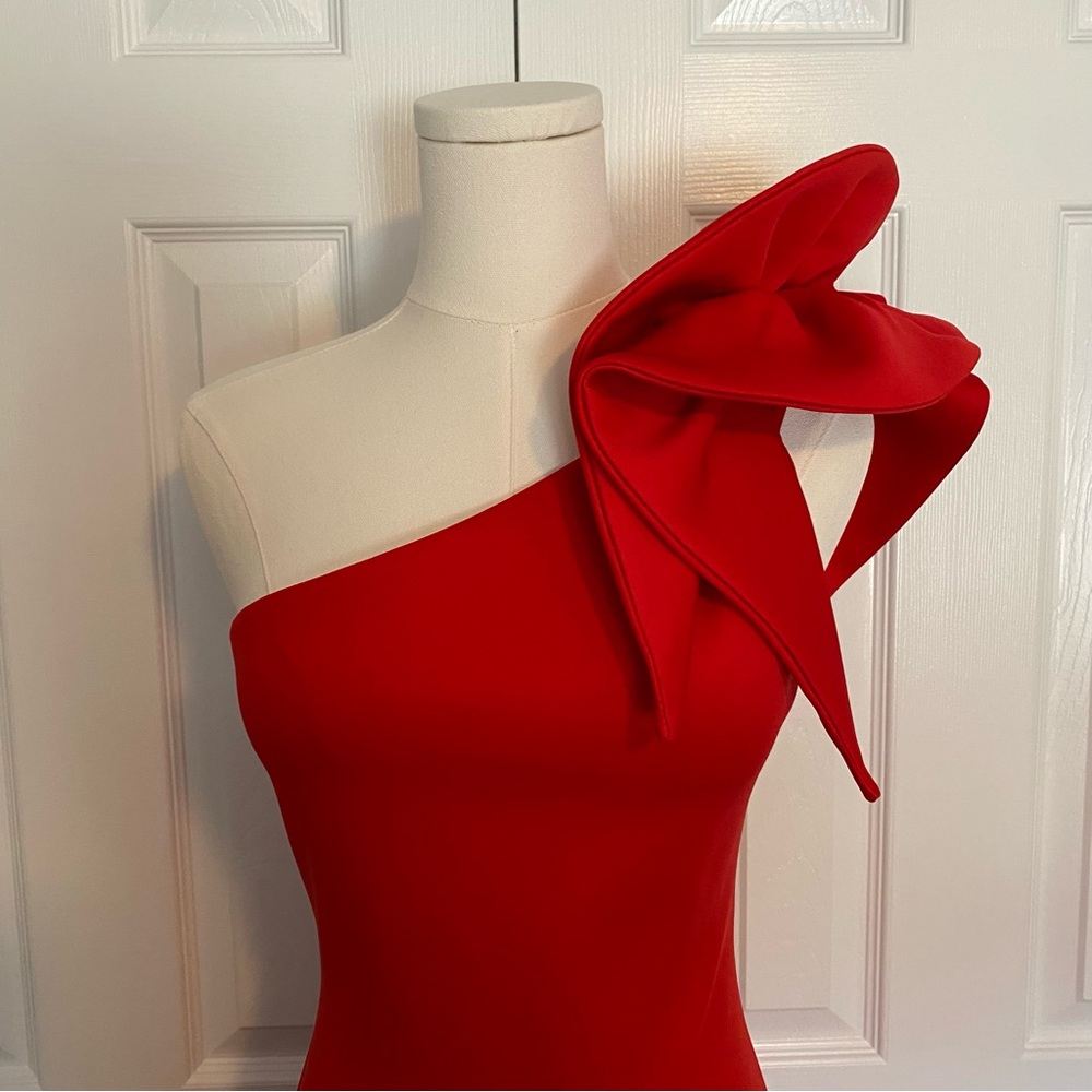 Betsy & Adam Vibrant Red One-Shoulder Maxi Dress with Oversized Bow Detail